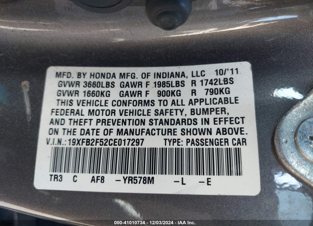 2012 HONDA CIVIC LX VIN: 19XFB2F52CE017297