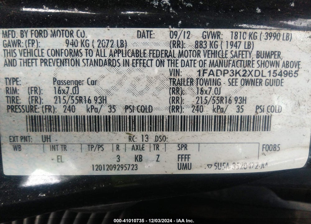 2013 FORD FOCUS VIN: 1FADP3K2XDL154965