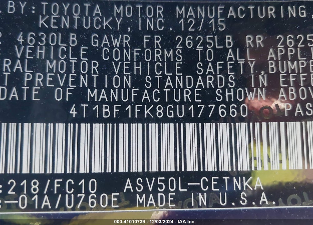 2016 TOYOTA CAMRY LE VIN: 4T1BF1FK8GU177660