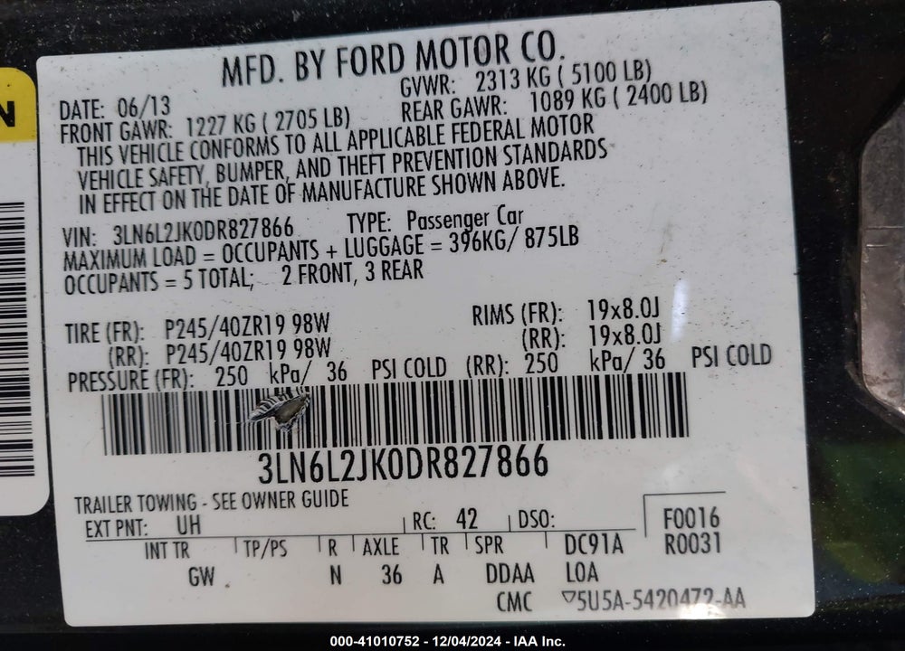 2013 LINCOLN MKZ VIN: 3LN6L2JK0DR827866