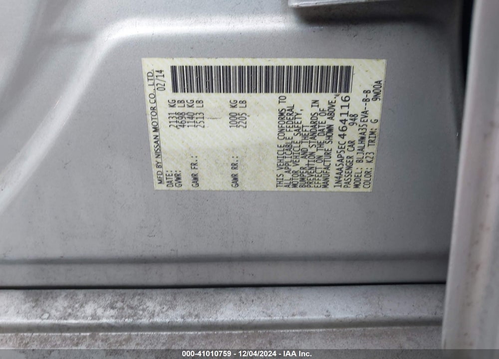 2014 NISSAN MAXIMA 3.5 SV VIN: 1N4AA5AP5EC464116
