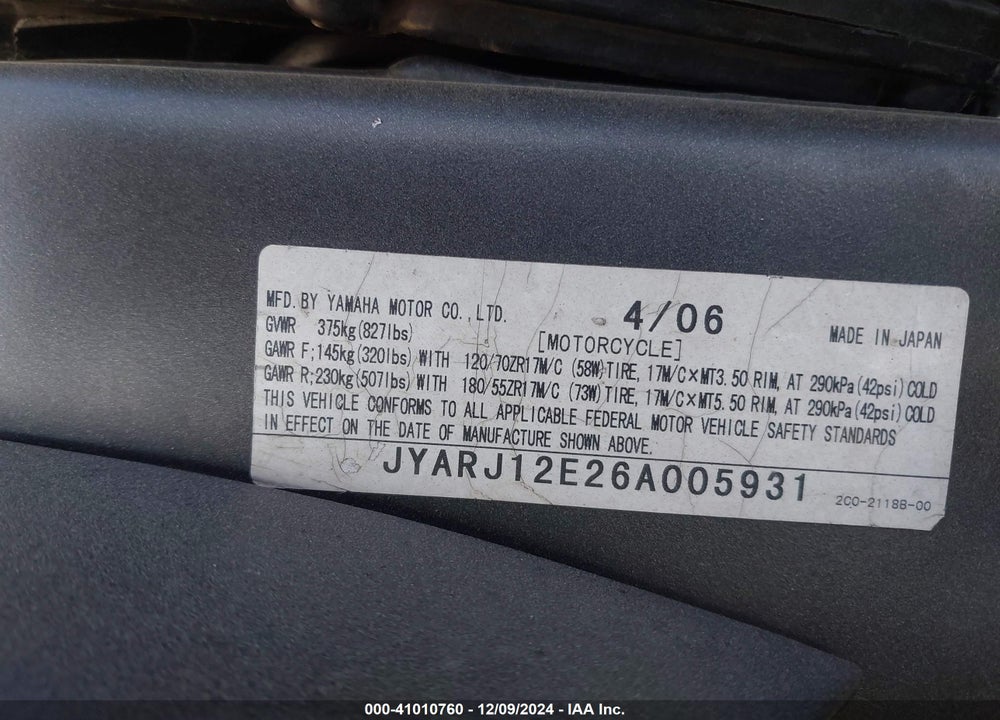 2006 YAMAHA YZFR6 L VIN: JYARJ12E26A005931
