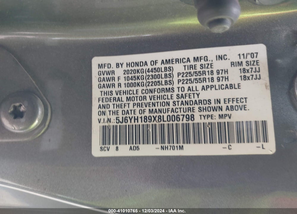 2008 HONDA ELEMENT SC VIN: 5J6YH189X8L006798