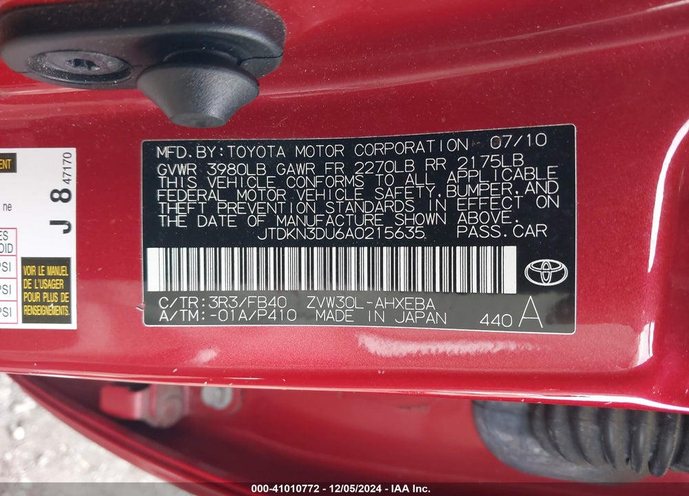 2010 TOYOTA PRIUS III VIN: JTDKN3DU6A0215635