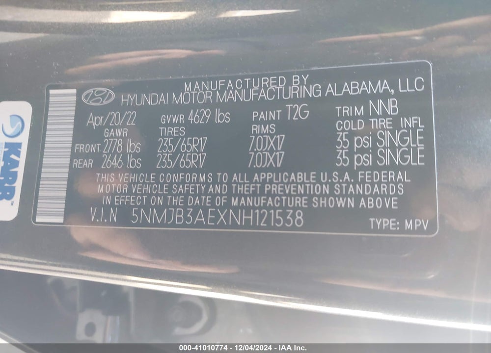 2022 HYUNDAI TUCSON SEL VIN: 5NMJB3AEXNH121538