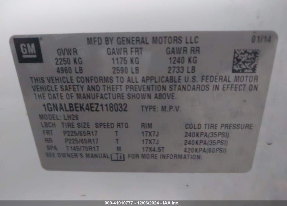 2014 CHEVROLET EQUINOX 1LT VIN: 1GNALBEK4EZ118032