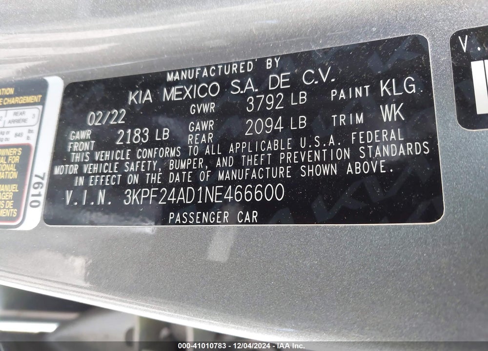 2022 KIA FORTE LXS VIN: 3KPF24AD1NE466600