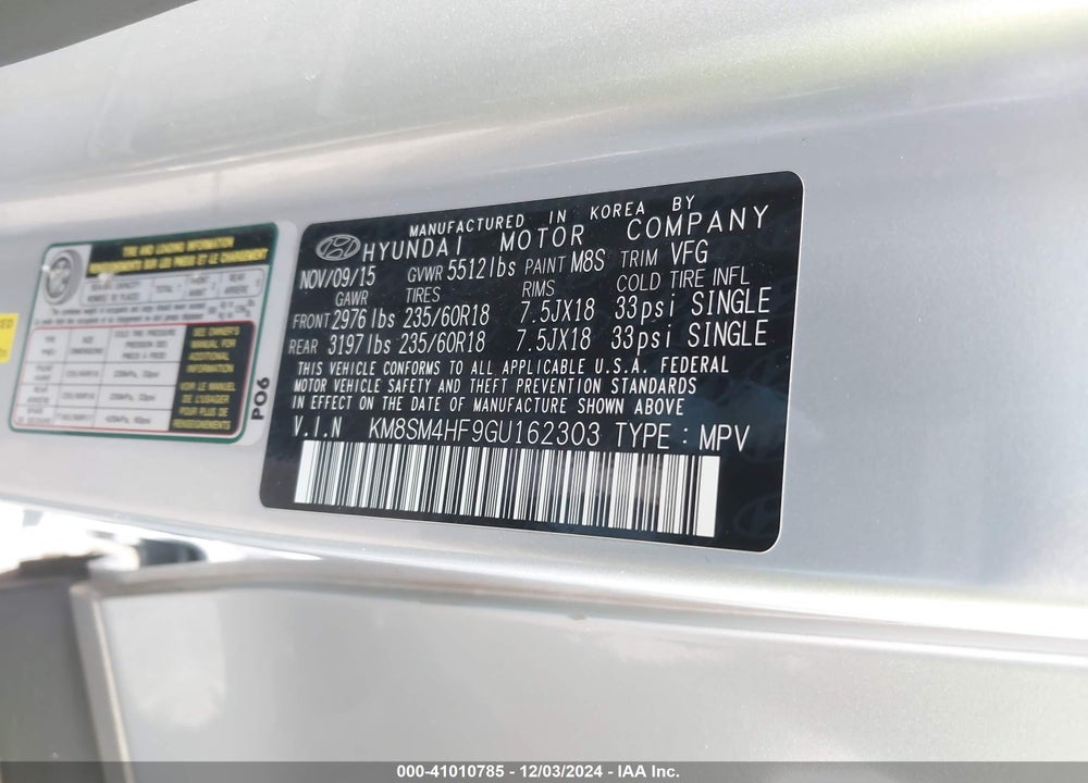 2016 HYUNDAI SANTA FE SE VIN: KM8SM4HF9GU162303