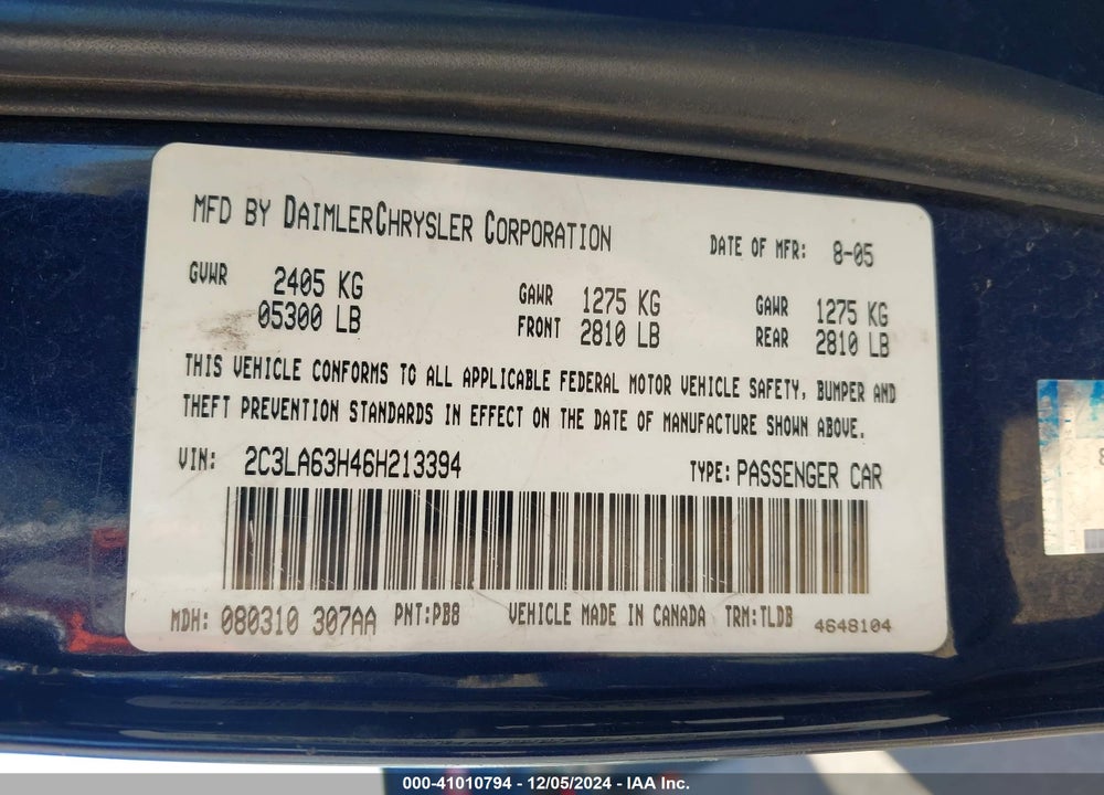 2006 CHRYSLER 300C VIN: 2C3LA63H46H213394