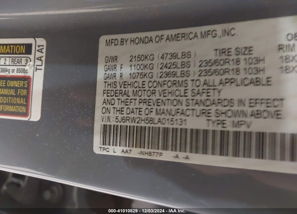 2020 HONDA CR-V AWD EX VIN: 5J6RW2H58LA015131