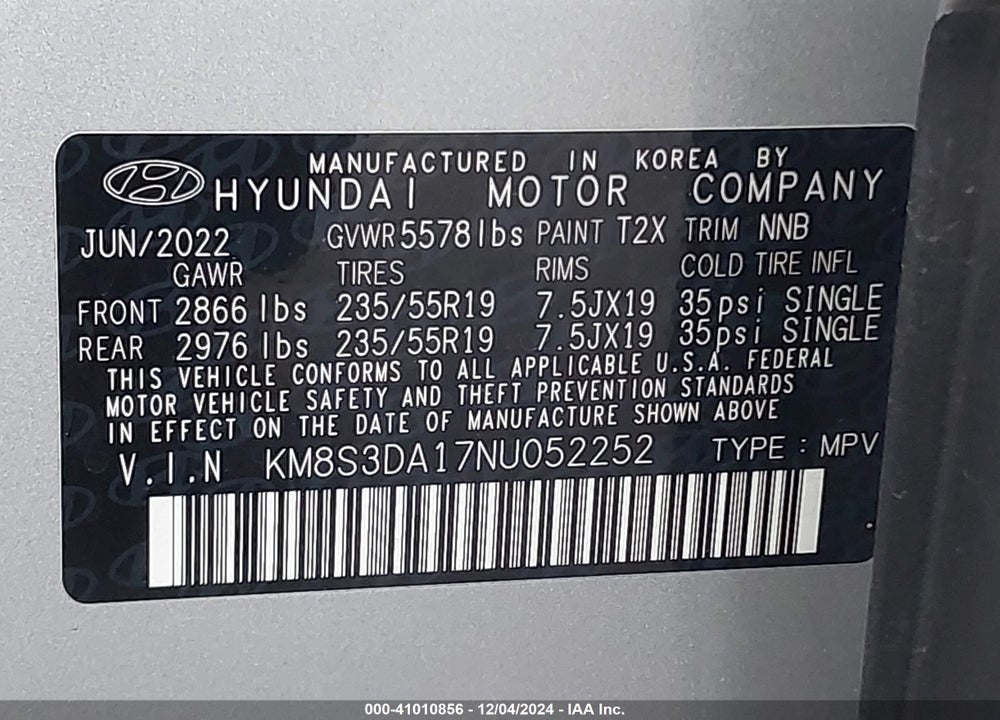 2022 HYUNDAI SANTA FE HYBRID SEL PREMIUM VIN: KM8S3DA17NU052252