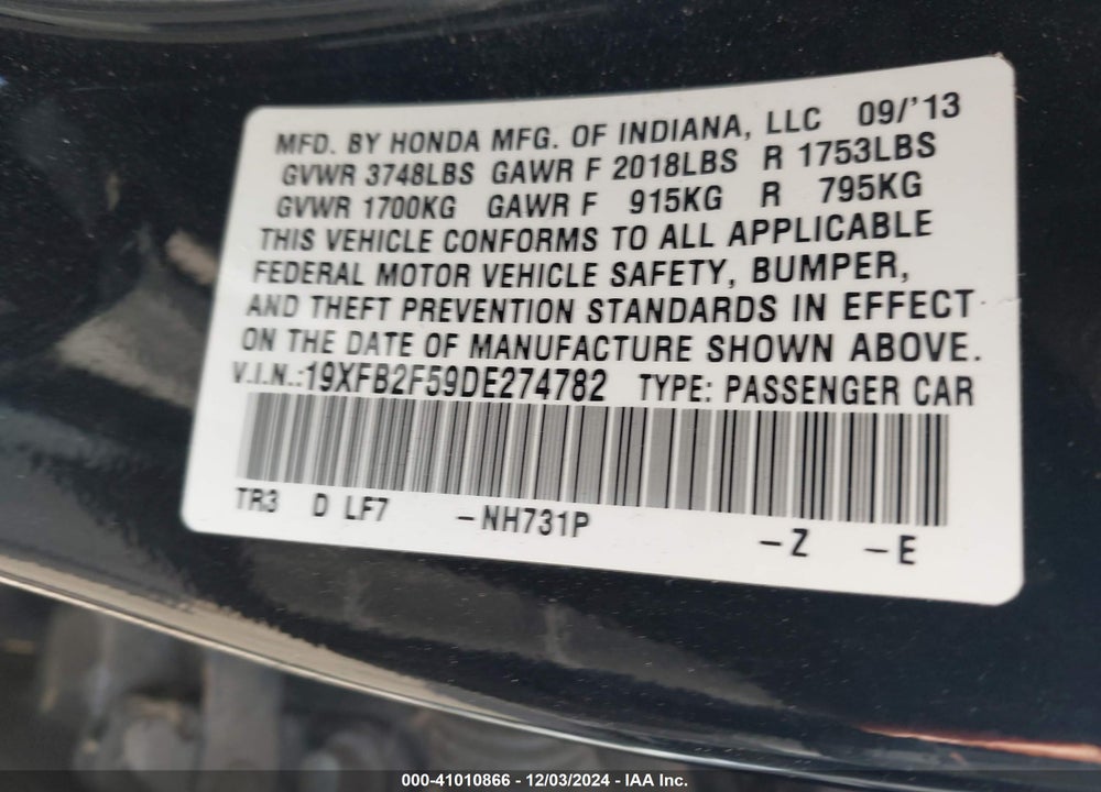 2013 HONDA CIVIC VIN: 19XFB2F59DE274782