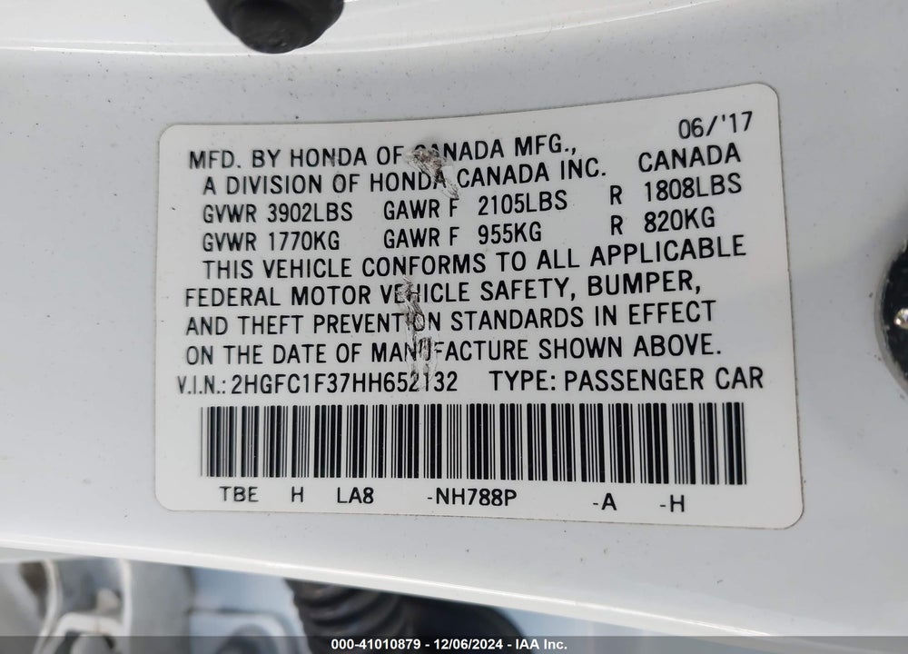 2017 HONDA CIVIC EX-T VIN: 2HGFC1F37HH652132