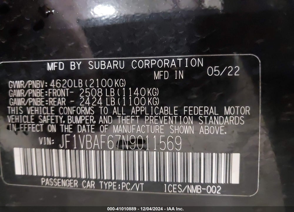 2022 SUBARU WRX PREMIUM VIN: JF1VBAF67N9011569