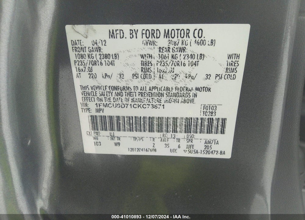 2012 FORD ESCAPE XLT VIN: 1FMCU9D71CKC73871