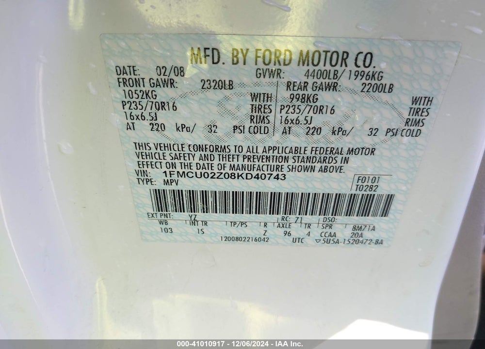 2008 FORD ESCAPE XLS/XLS MANUAL VIN: 1FMCU02Z08KD40743