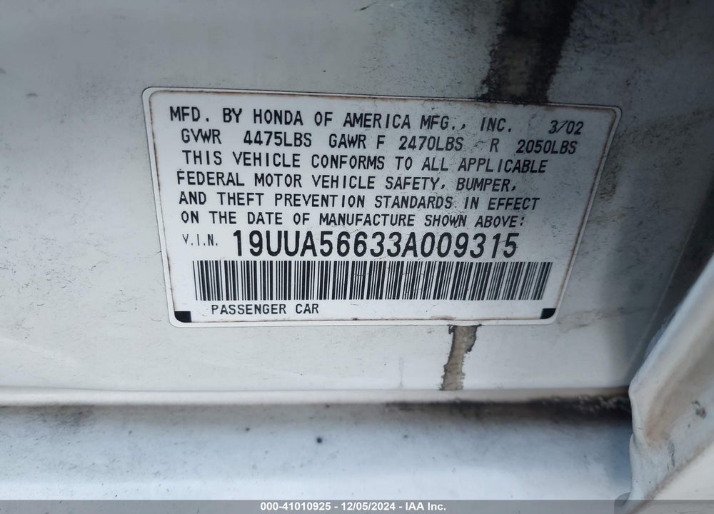 2003 ACURA TL 3.2 VIN: 19UUA56633A009315