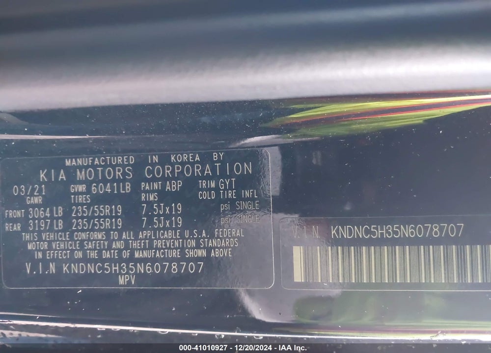 2022 KIA CARNIVAL MPV EX VIN: KNDNC5H35N6078707