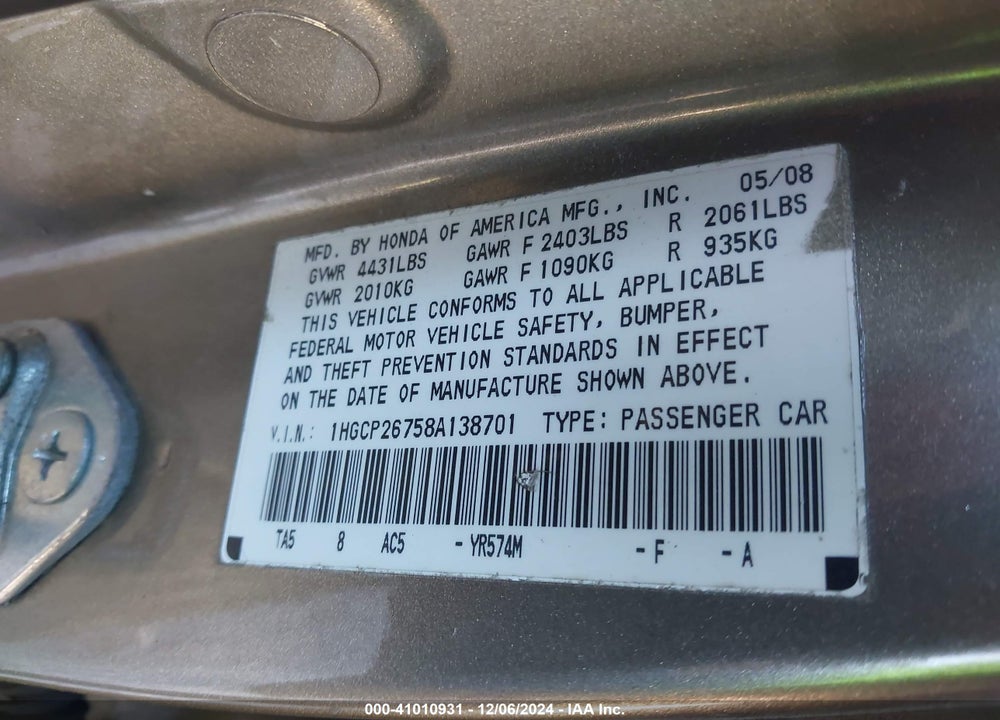 2008 HONDA ACCORD 2.4 EX VIN: 1HGCP26758A138701
