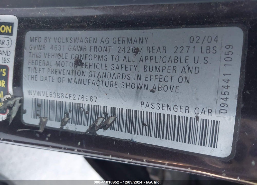 2004 VOLKSWAGEN PASSAT GLS TDI VIN: WVWVE63B84E276667