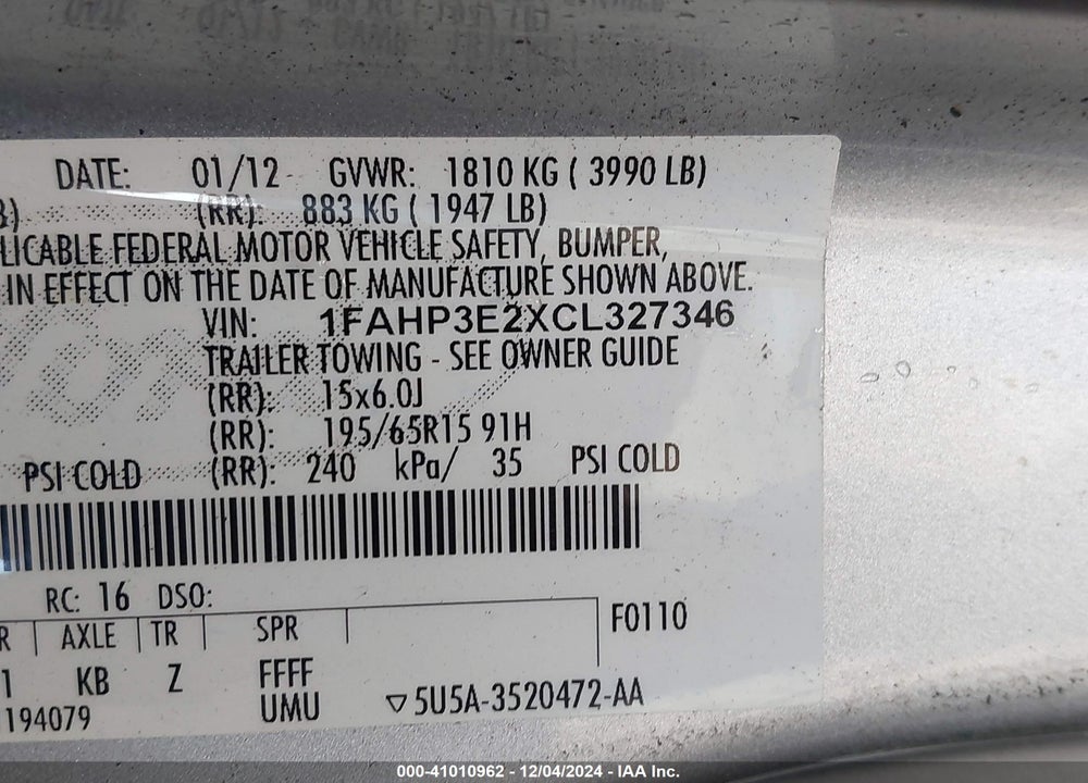 2012 FORD FOCUS S VIN: 1FAHP3E2XCL327346