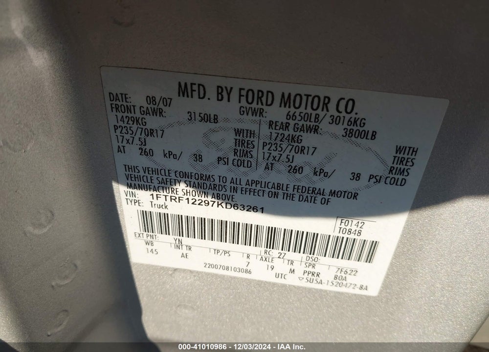 2007 FORD F-150 STX/XL/XLT VIN: 1FTRF12297KD63261