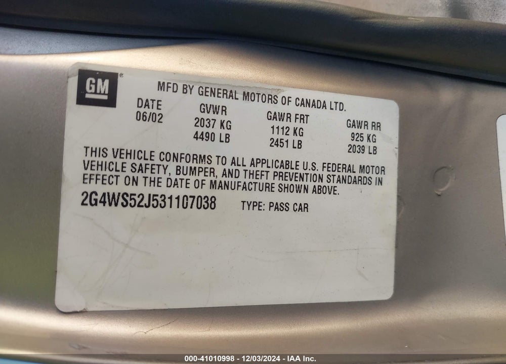 2003 BUICK CENTURY CUSTOM VIN: 2G4WS52J531107038