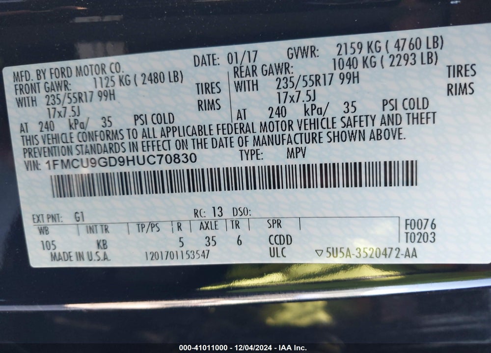 2017 FORD ESCAPE SE VIN: 1FMCU9GD9HUC70830