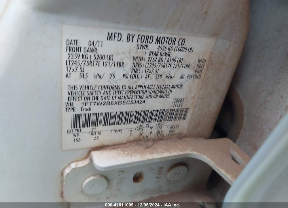 2011 FORD F-250 XL VIN: 1FT7W2B6XBEC53424