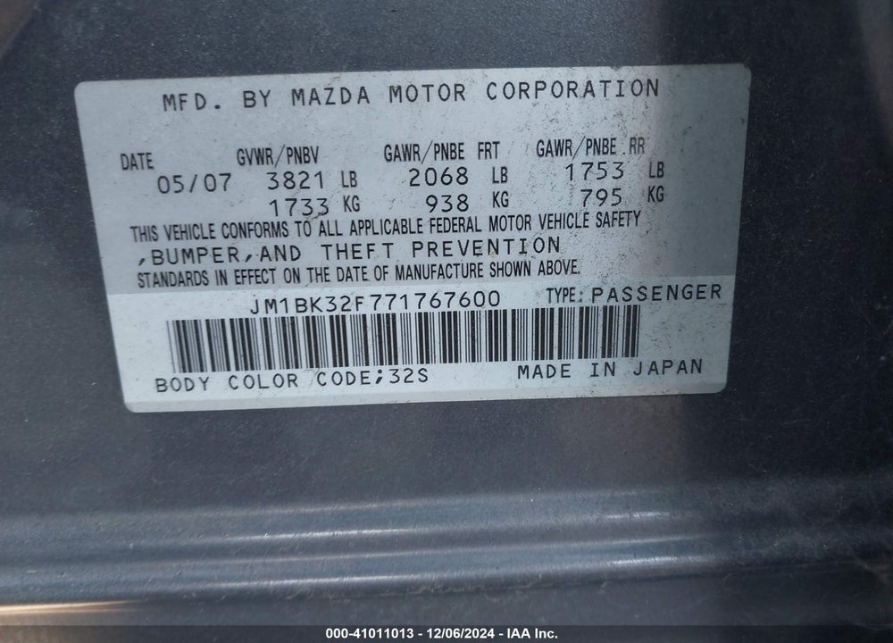 2007 MAZDA 3 I VIN: JM1BK32F771767600