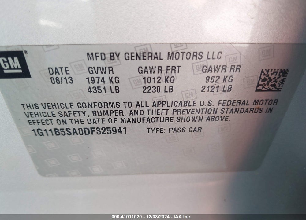 2013 CHEVROLET MALIBU 1LS VIN: 1G11B5SA0DF325941