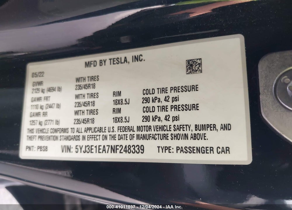 2022 TESLA MODEL 3 REAR-WHEEL DRIVE VIN: 5YJ3E1EA7NF248339