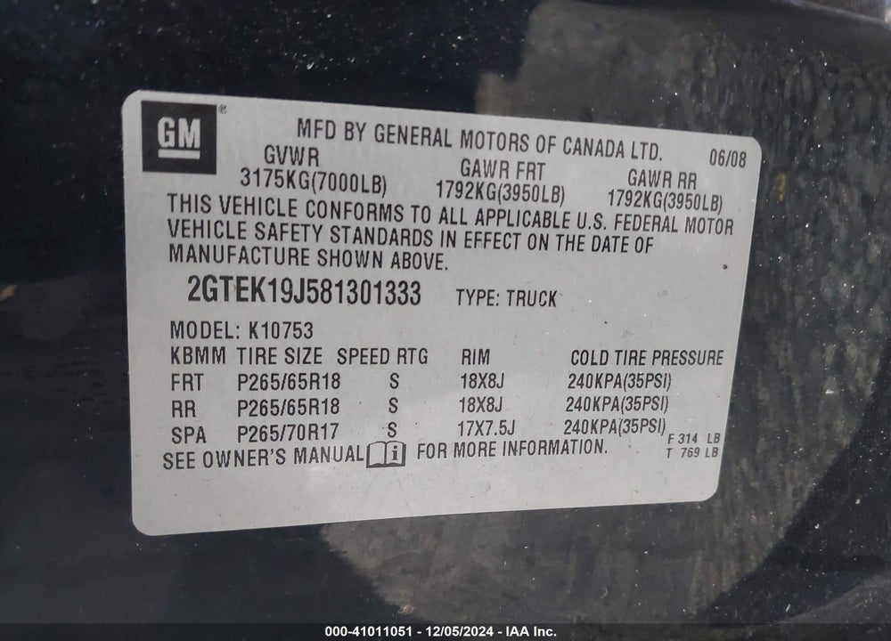 2008 GMC SIERRA 1500 VIN: 2GTEK19J581301333