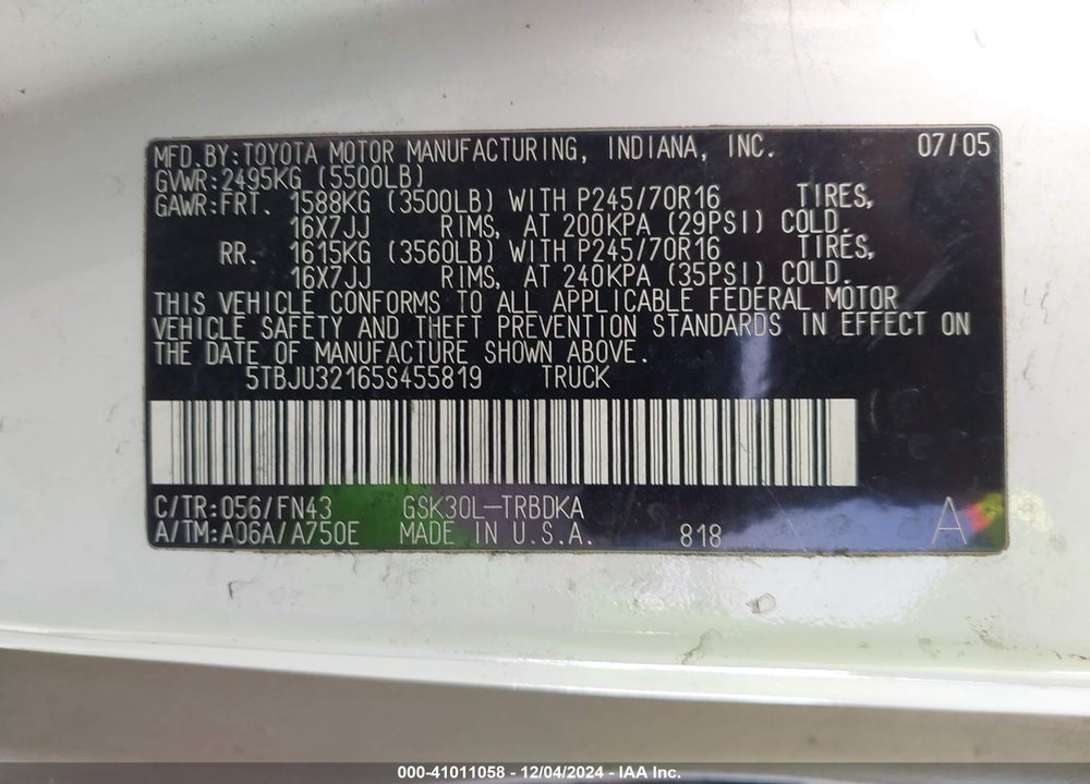 2005 TOYOTA TUNDRA VIN: 5TBJU32165S455819