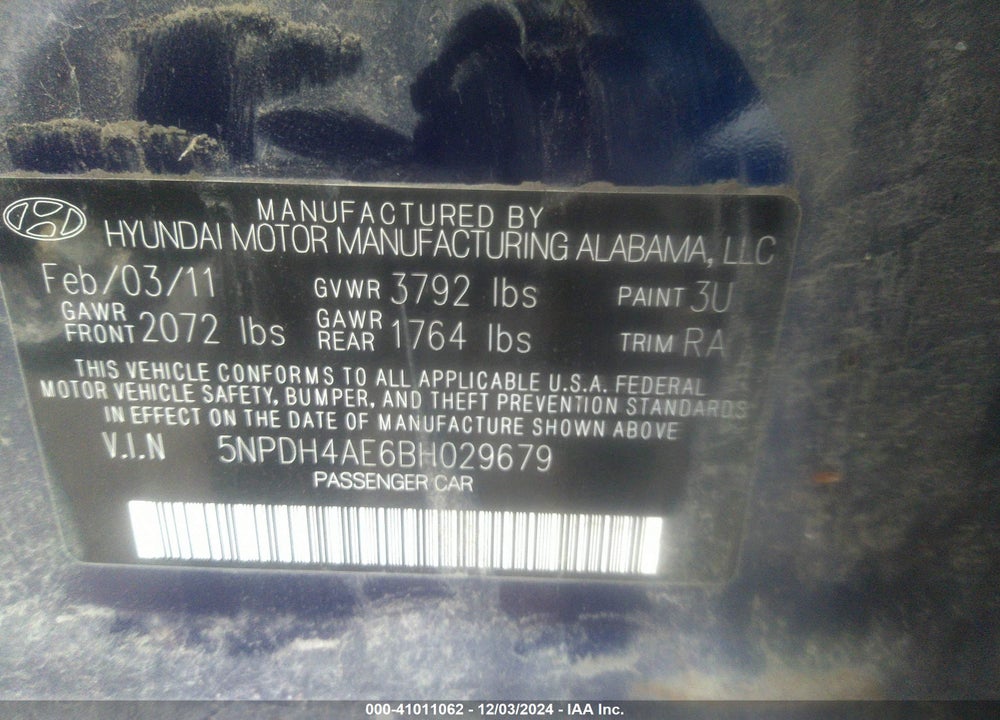 2011 HYUNDAI ELANTRA GLS VIN: 5NPDH4AE6BH029679
