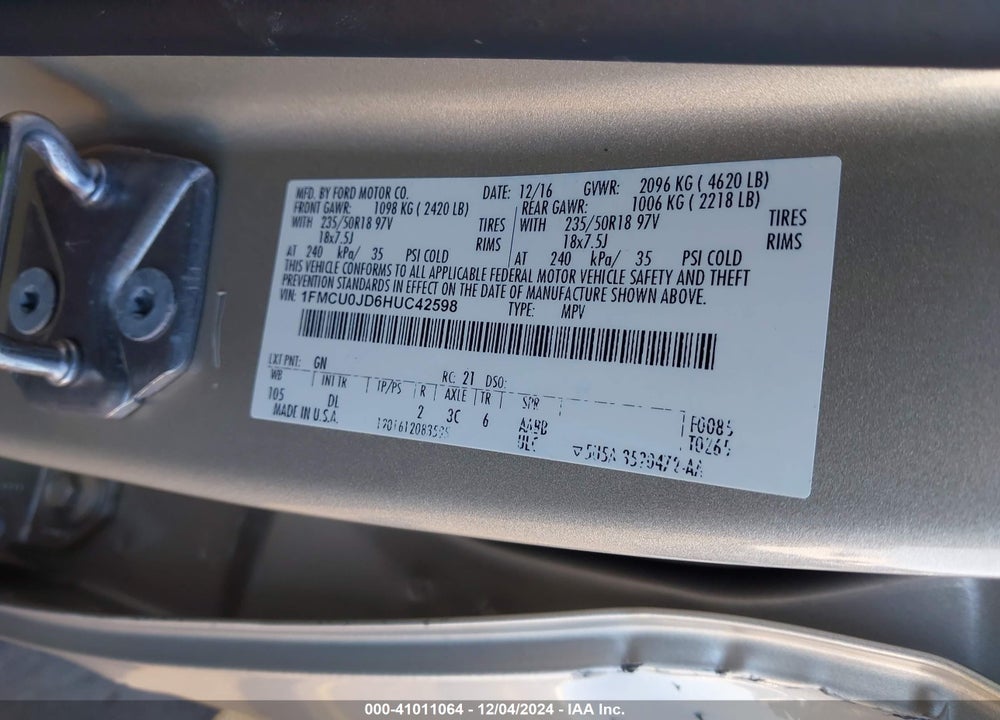 2017 FORD ESCAPE TITANIUM VIN: 1FMCU0JD6HUC42598