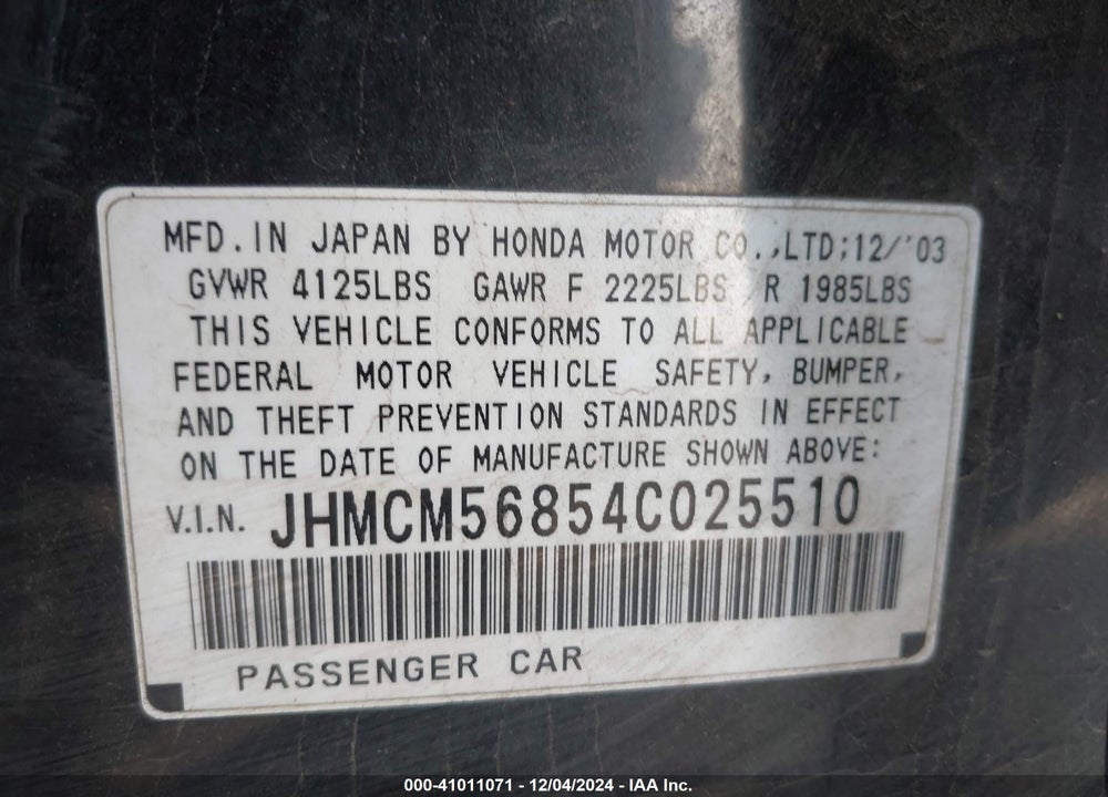 2004 HONDA ACCORD 2.4 EX VIN: JHMCM56854C025510
