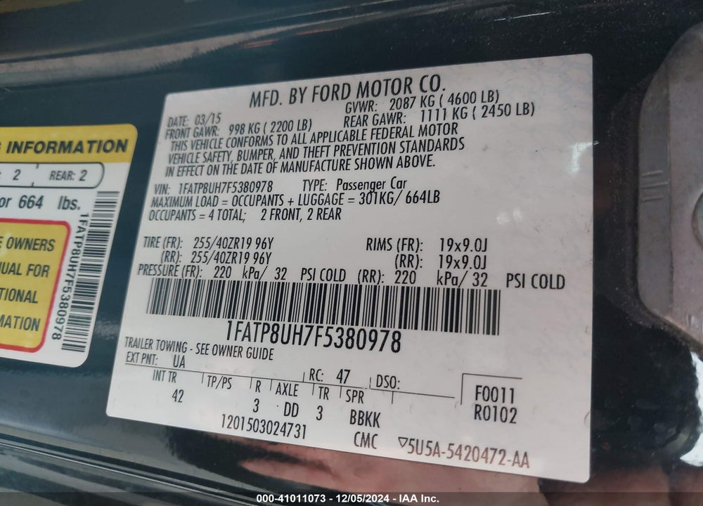 2015 FORD MUSTANG ECOBOOST PREMIUM VIN: 1FATP8UH7F5380978