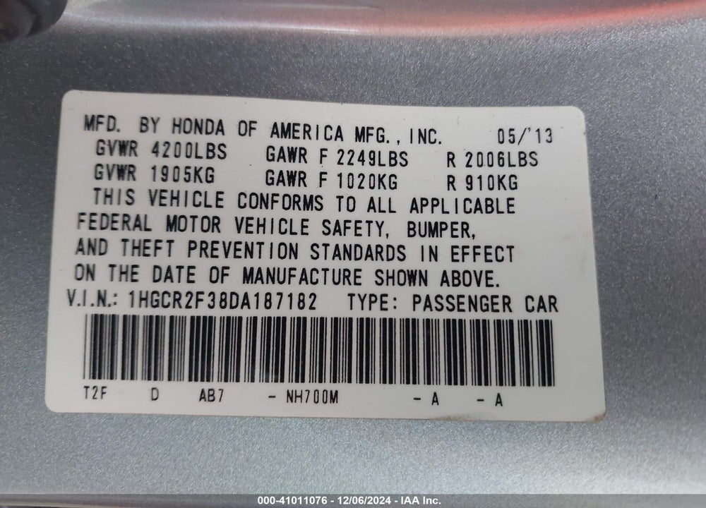2013 HONDA ACCORD LX VIN: 1HGCR2F38DA187182