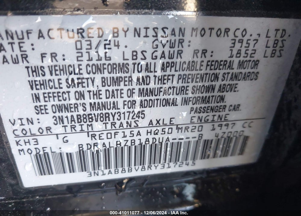 2024 NISSAN SENTRA VIN: 3N1AB8BV8RY317245