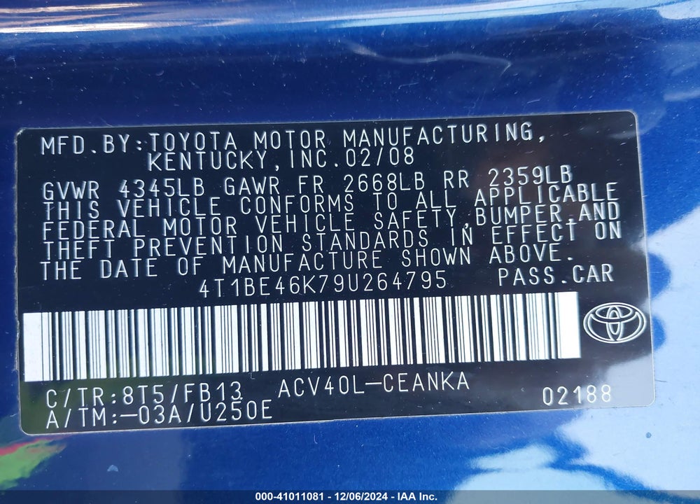 2009 TOYOTA CAMRY LE VIN: 4T1BE46K79U264795