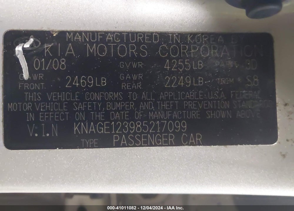 2008 KIA OPTIMA VIN: KNAGE123985217099