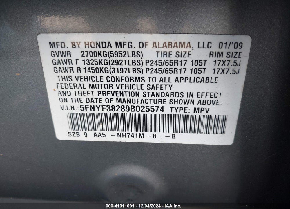 2009 HONDA PILOT LX VIN: 5FNYF38289B025574