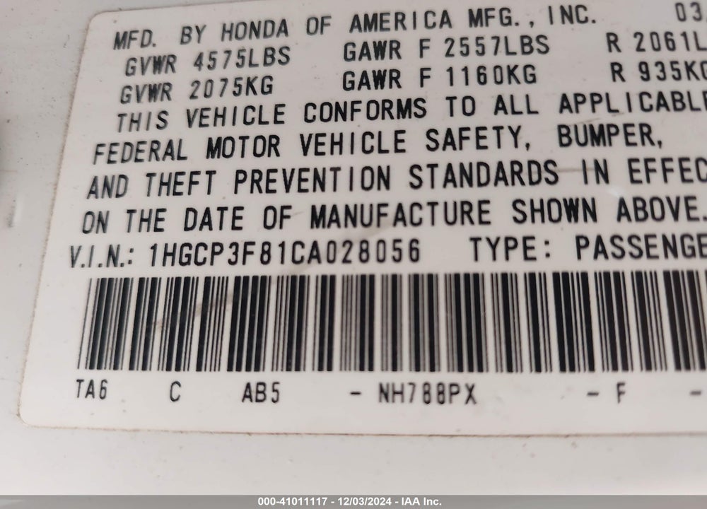2012 HONDA ACCORD 3.5 EX-L VIN: 1HGCP3F81CA028056