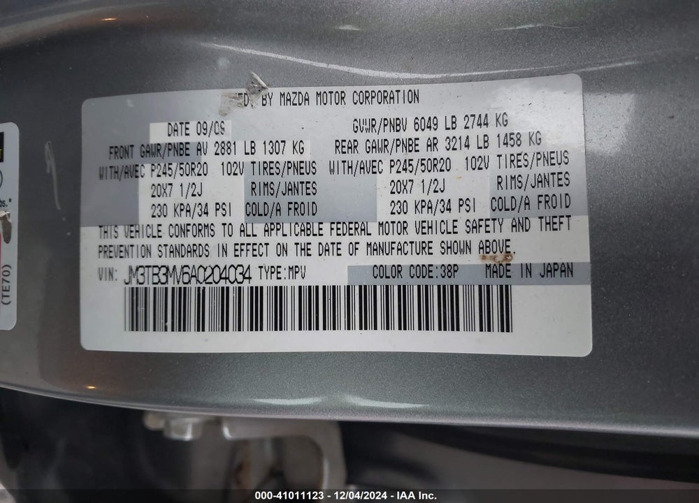 2010 MAZDA CX-9 GRAND TOURING VIN: JM3TB3MV6A0204034