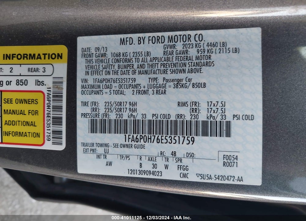 2014 FORD FUSION VIN: 1FA6P0H76E5351759