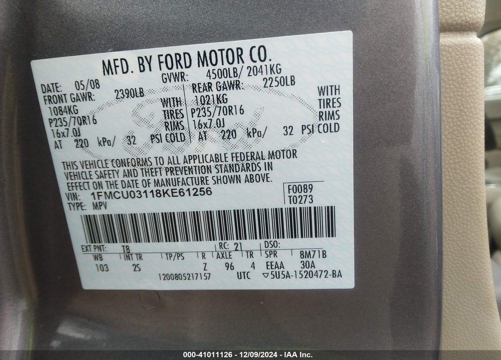 2008 FORD ESCAPE XLT VIN: 1FMCU03118KE61256