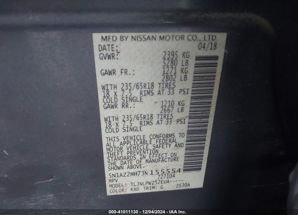 2018 NISSAN MURANO S VIN: 5N1AZ2MH7JN155554