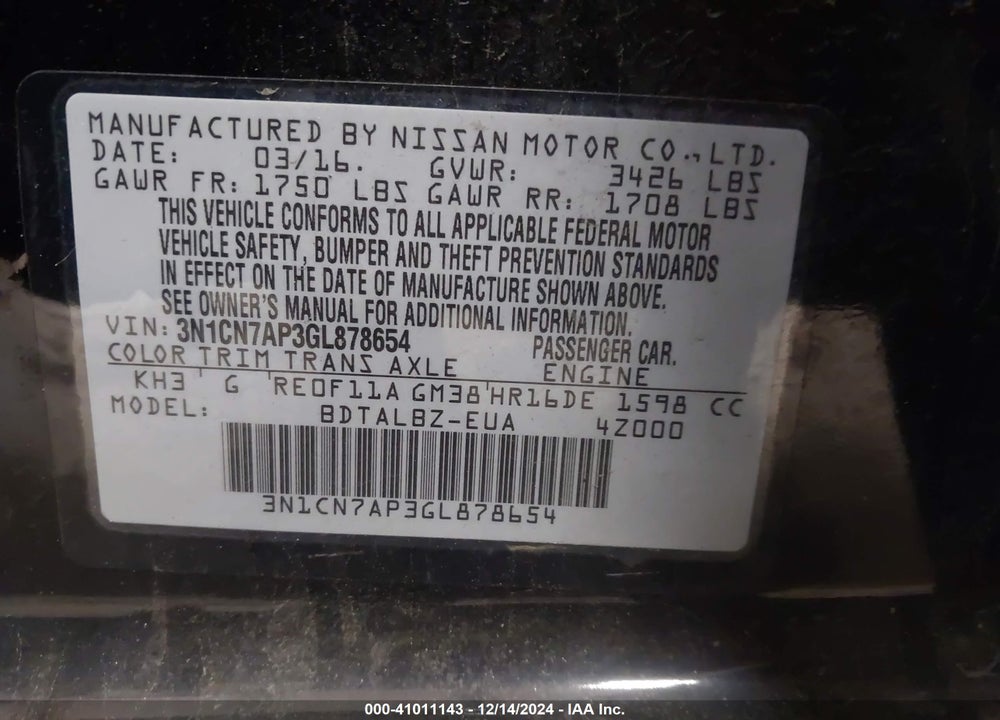 2016 NISSAN VERSA 1.6 SV VIN: 3N1CN7AP3GL878654