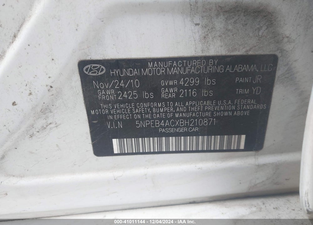 2011 HYUNDAI SONATA GLS VIN: 5NPEB4ACXBH210871